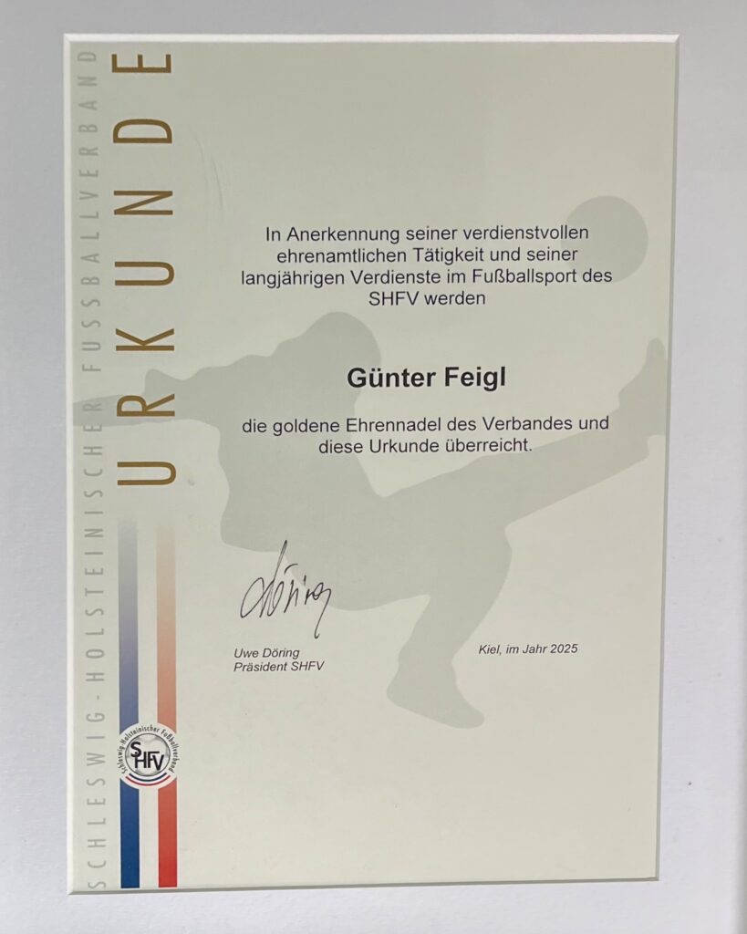 Urkunde. Goldene Ehrennadel für Günter Feigl vom SSC Hagen Ahrensburg